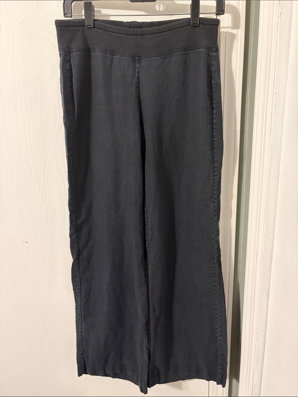 Saks Fifth Avenue 100% Linen Elastic Pull On Black Wide Leg Pants Size Small
